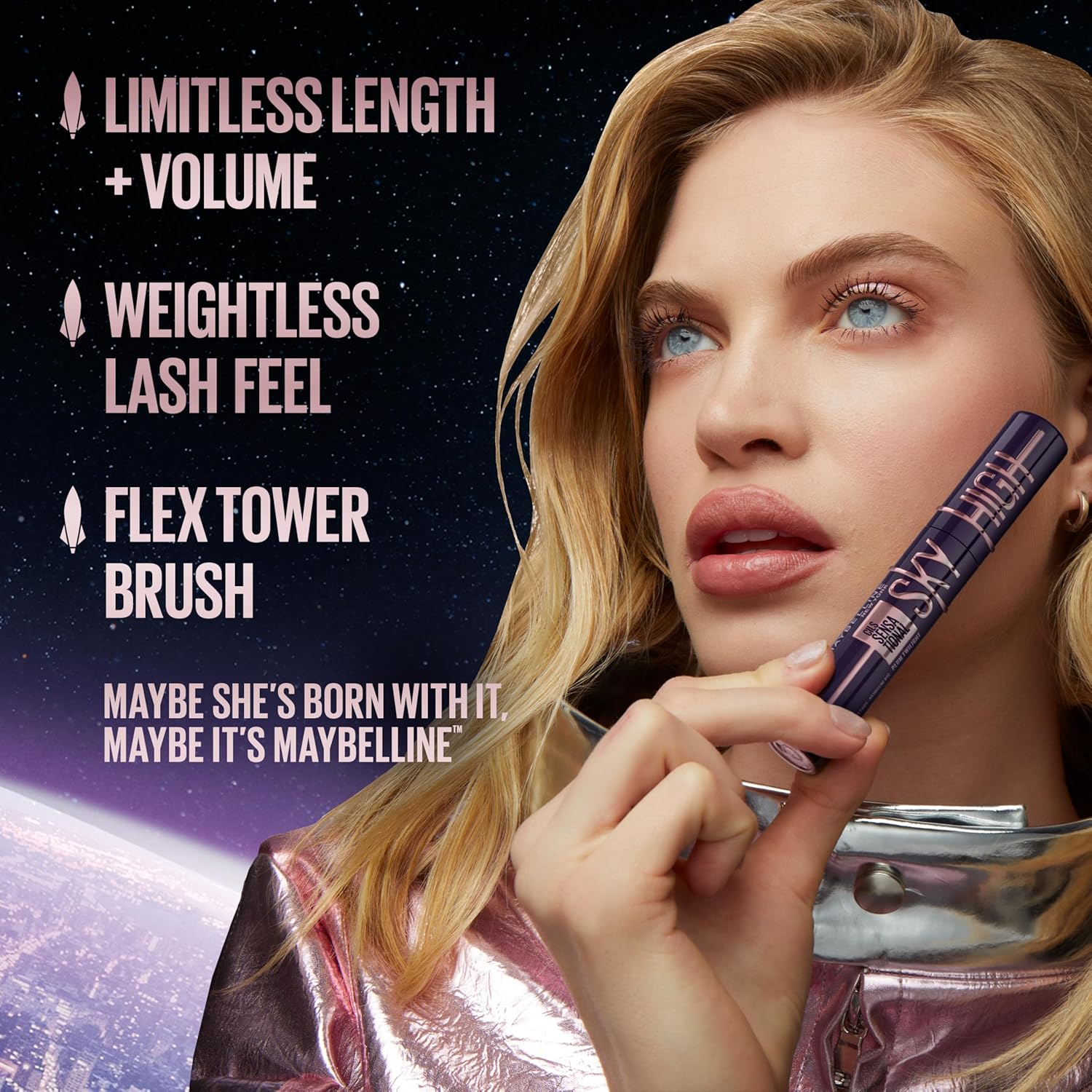 Maybelline Lash Sensational Sky High Washable Mascara Makeup, Volumizing, Lengthening, Defining, Curling, Multiplying, Buildable Formula, Blackest Black, 1 Count